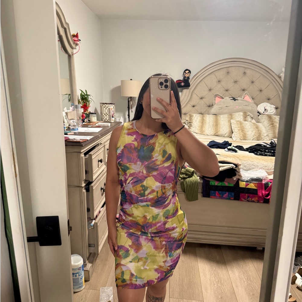 Yellow and purple floral mini dress